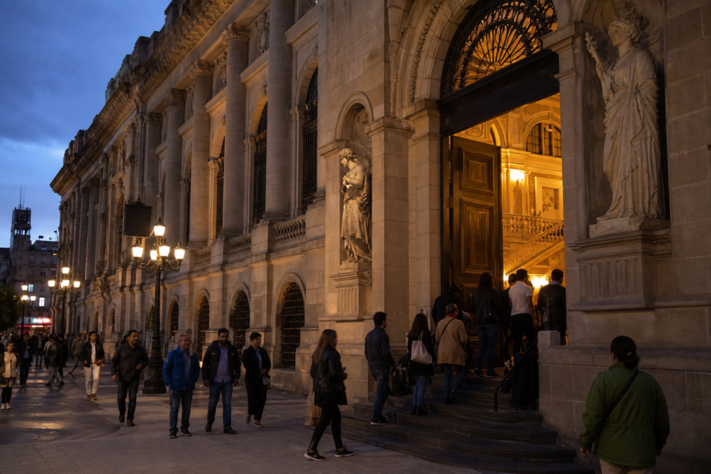 Visitantes entrando a un museo de la Ciudad de México durante una noche cultural