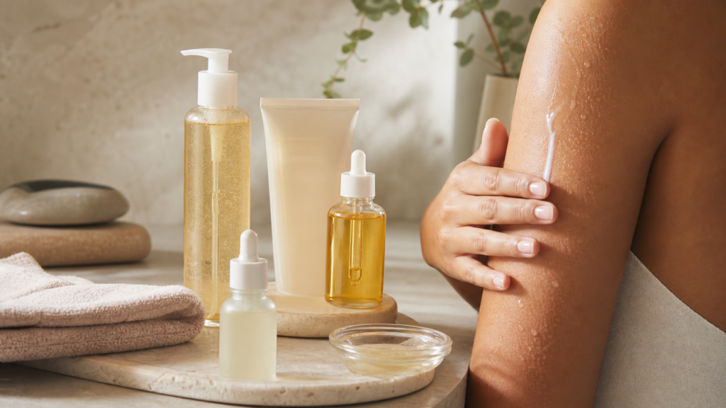 Rutina de skinification con sérums y productos de cuidado corporal