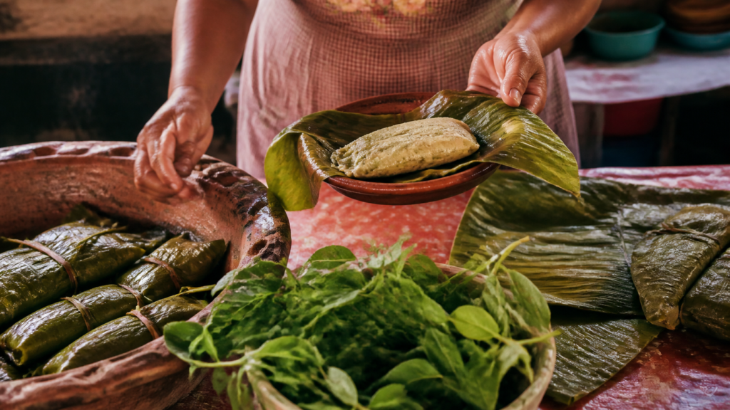 Tamales de chipilín chiapanecos en hojas sobre una mesa de cocina tradicional con una cocinera al fondo