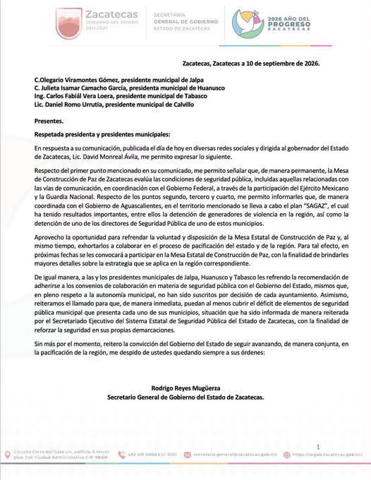 Carta del secretario general de Gobierno de Zacatecas dirigida a presidentes municipales sobre coordinación y seguridad pública