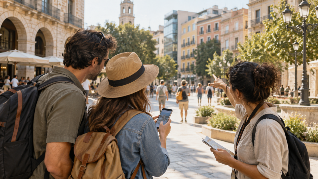 Viajeros consultan un teléfono para orientarse en una plaza urbana, con edificios y servicios turísticos al fondo.