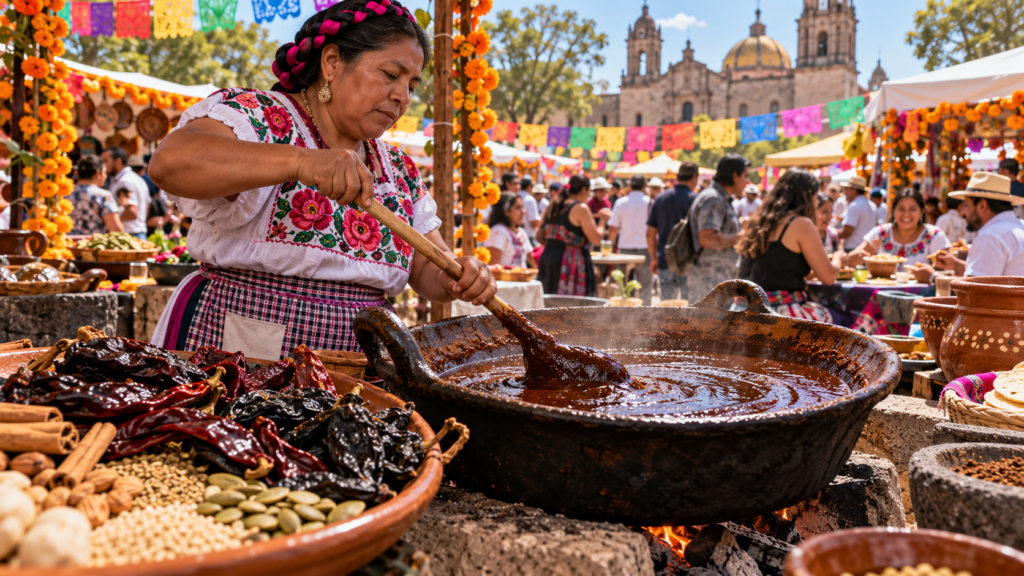 Cocinera tradicional prepara mole en una feria gastronómica mexicana